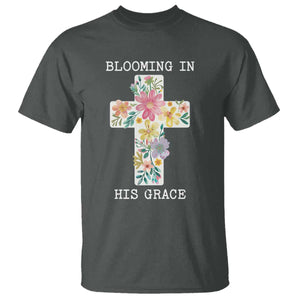 Blooming in His Grace Boho Christian Wildflower T Shirt Floral Cross Religious TS14 Dark Heather Print Your Wear