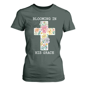 Blooming in His Grace Boho Christian Wildflower T Shirt For Women Floral Cross Religious TS14 Dark Forest Green Print Your Wear