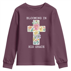 Blooming in His Grace Boho Christian Wildflower Youth Sweatshirt Floral Cross Religious TS14 Maroon Print Your Wear