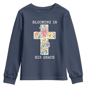 Blooming in His Grace Boho Christian Wildflower Youth Sweatshirt Floral Cross Religious TS14 Navy Print Your Wear