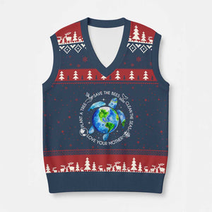 Earth Day Sea Turtle V-Neck Knit Sweater Vest Save Bees Plant Trees Clean Seas Environmentalist TS14 Navy Red Print Your Wear