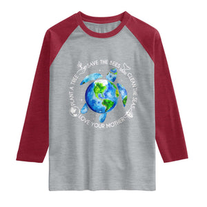 Earth Day Sea Turtle Raglan Shirt Save Bees Plant Trees Clean Seas Environmentalist TS14 Heather Gray Heather Red Print Your Wear