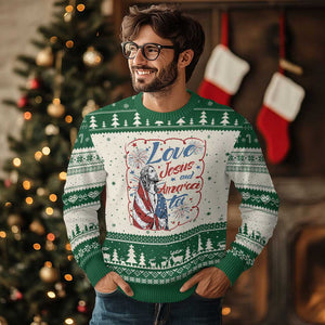 Loves Jesus and America Too Ugly Christmas Sweater Patriotic Christian Jesus 4th of July TS14 Beige Green Print Your Wear