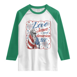 Loves Jesus and America Too Raglan Shirt Patriotic Christian Jesus 4th of July TS14 White Kelly Green Print Your Wear