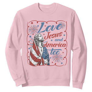 Loves Jesus and America Too Sweatshirt Patriotic Christian Jesus 4th of July TS14 Light Pink Print Your Wear