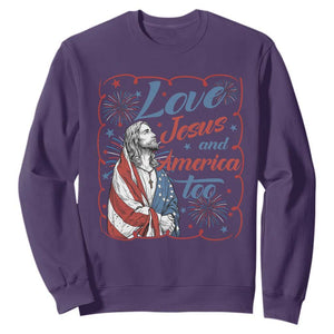 Loves Jesus and America Too Sweatshirt Patriotic Christian Jesus 4th of July TS14 Purple Print Your Wear
