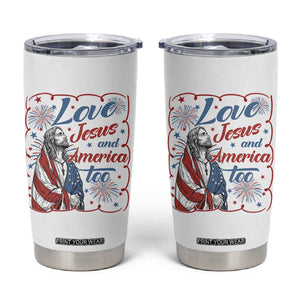 Loves Jesus and America Too Tumbler Cup Patriotic Christian Jesus 4th of July TS14 White Print Your Wear