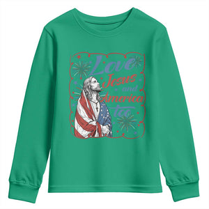 Loves Jesus and America Too Youth Sweatshirt Patriotic Christian Jesus 4th of July TS14 Irish Green Print Your Wear