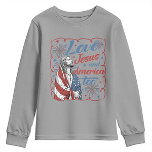 Loves Jesus and America Too Youth Sweatshirt Patriotic Christian Jesus 4th of July TS14 Sport Gray Print Your Wear