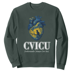 CVICU Nurse Cat Starry Night Sweatshirt Cardiovascular Intensive Care Unit TS14 Dark Forest Green Print Your Wear