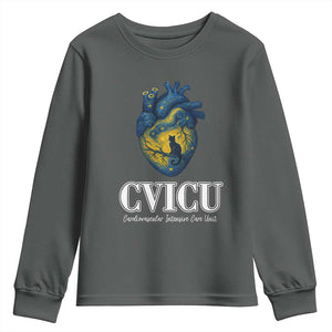 CVICU Nurse Cat Starry Night Youth Sweatshirt Cardiovascular Intensive Care Unit TS14 Dark Heather Print Your Wear