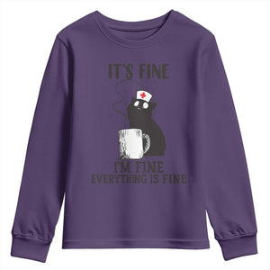 Funny Cat Nurse Youth Sweatshirt It Is Fine I Am Fine Everything Is Fine TS14 Purple Print Your Wear