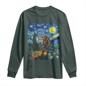 Bigfoot Racing Long Sleeve Shirt Sasquatch Checkered Flag Starry Night Van Gogh TS14 Dark Forest Green Print Your Wear
