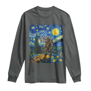 Bigfoot Racing Long Sleeve Shirt Sasquatch Checkered Flag Starry Night Van Gogh TS14 Dark Heather Print Your Wear