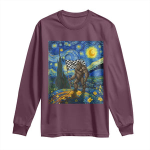 Bigfoot Racing Long Sleeve Shirt Sasquatch Checkered Flag Starry Night Van Gogh TS14 Maroon Print Your Wear