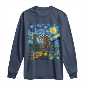 Bigfoot Racing Long Sleeve Shirt Sasquatch Checkered Flag Starry Night Van Gogh TS14 Navy Print Your Wear