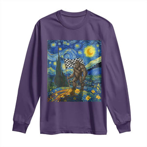 Bigfoot Racing Long Sleeve Shirt Sasquatch Checkered Flag Starry Night Van Gogh TS14 Purple Print Your Wear