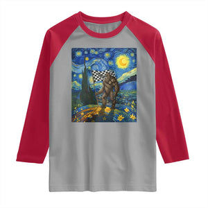 Bigfoot Racing Raglan Shirt Sasquatch Checkered Flag Starry Night Van Gogh TS14 Sport Gray Red Print Your Wear