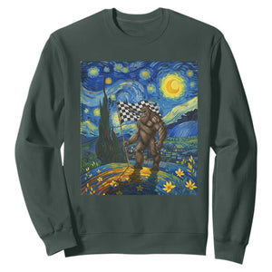Bigfoot Racing Sweatshirt Sasquatch Checkered Flag Starry Night Van Gogh TS14 Dark Forest Green Print Your Wear