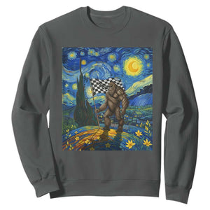 Bigfoot Racing Sweatshirt Sasquatch Checkered Flag Starry Night Van Gogh TS14 Dark Heather Print Your Wear