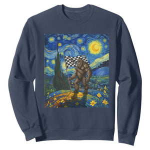 Bigfoot Racing Sweatshirt Sasquatch Checkered Flag Starry Night Van Gogh TS14 Navy Print Your Wear