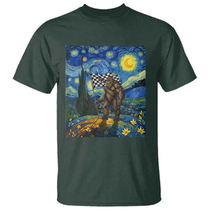 Bigfoot Racing T Shirt Sasquatch Checkered Flag Starry Night Van Gogh TS14 Dark Forest Green Print Your Wear