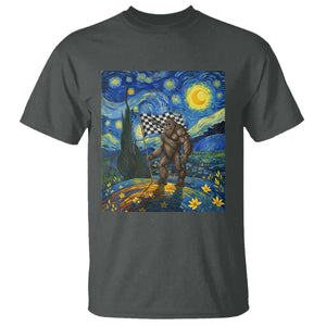 Bigfoot Racing T Shirt Sasquatch Checkered Flag Starry Night Van Gogh TS14 Dark Heather Print Your Wear