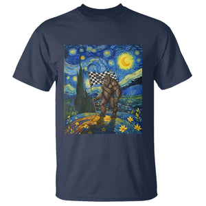 Bigfoot Racing T Shirt Sasquatch Checkered Flag Starry Night Van Gogh TS14 Navy Print Your Wear