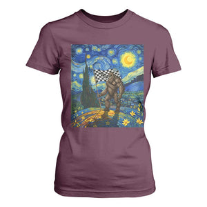 Bigfoot Racing T Shirt For Women Sasquatch Checkered Flag Starry Night Van Gogh TS14 Maroon Print Your Wear