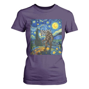 Bigfoot Racing T Shirt For Women Sasquatch Checkered Flag Starry Night Van Gogh TS14 Purple Print Your Wear