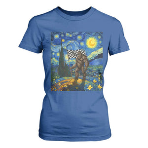 Bigfoot Racing T Shirt For Women Sasquatch Checkered Flag Starry Night Van Gogh TS14 Royal Blue Print Your Wear