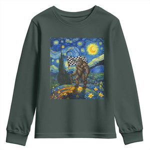 Bigfoot Racing Youth Sweatshirt Sasquatch Checkered Flag Starry Night Van Gogh TS14 Dark Forest Green Print Your Wear
