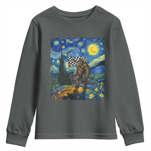 Bigfoot Racing Youth Sweatshirt Sasquatch Checkered Flag Starry Night Van Gogh TS14 Dark Heather Print Your Wear