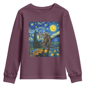 Bigfoot Racing Youth Sweatshirt Sasquatch Checkered Flag Starry Night Van Gogh TS14 Maroon Print Your Wear