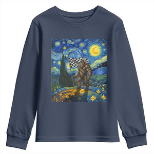 Bigfoot Racing Youth Sweatshirt Sasquatch Checkered Flag Starry Night Van Gogh TS14 Navy Print Your Wear