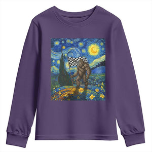 Bigfoot Racing Youth Sweatshirt Sasquatch Checkered Flag Starry Night Van Gogh TS14 Purple Print Your Wear