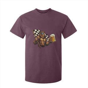 Funny Bigfoot T Shirt For Kid Sasquatch Drinking Beer Racing Car TS14 Maroon Print Your Wear