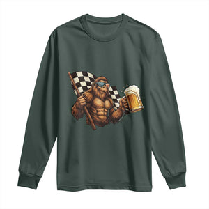 Funny Bigfoot Long Sleeve Shirt Sasquatch Drinking Beer Racing Car TS14 Dark Forest Green Print Your Wear