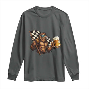 Funny Bigfoot Long Sleeve Shirt Sasquatch Drinking Beer Racing Car TS14 Dark Heather Print Your Wear