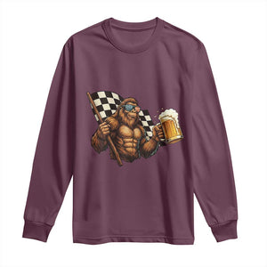 Funny Bigfoot Long Sleeve Shirt Sasquatch Drinking Beer Racing Car TS14 Maroon Print Your Wear