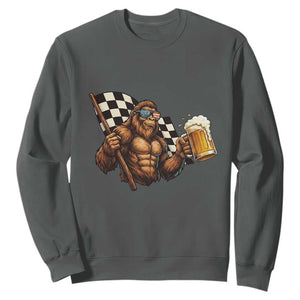 Funny Bigfoot Sweatshirt Sasquatch Drinking Beer Racing Car TS14 Dark Heather Print Your Wear