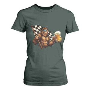 Funny Bigfoot T Shirt For Women Sasquatch Drinking Beer Racing Car TS14 Dark Forest Green Print Your Wear