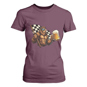Funny Bigfoot T Shirt For Women Sasquatch Drinking Beer Racing Car TS14 Maroon Print Your Wear