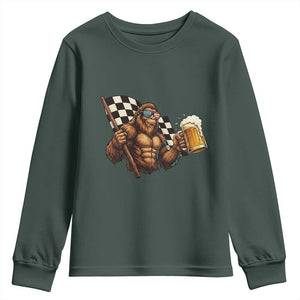 Funny Bigfoot Youth Sweatshirt Sasquatch Drinking Beer Racing Car TS14 Dark Forest Green Print Your Wear