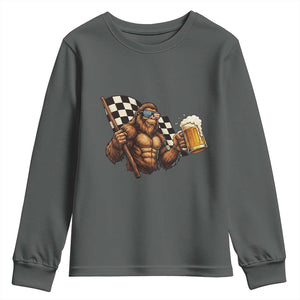 Funny Bigfoot Youth Sweatshirt Sasquatch Drinking Beer Racing Car TS14 Dark Heather Print Your Wear