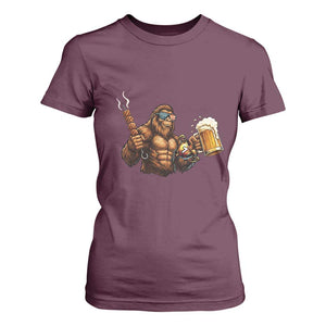 Funny Bigfoot BBQ Party T Shirt For Women Sasquatch Drinking Beer Celebrate Championship TS14 Maroon Print Your Wear
