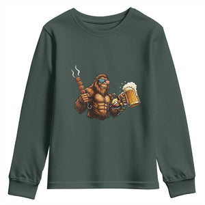 Funny Bigfoot BBQ Party Youth Sweatshirt Sasquatch Drinking Beer Celebrate Championship TS14 Dark Forest Green Print Your Wear