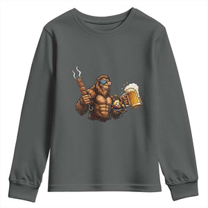 Funny Bigfoot BBQ Party Youth Sweatshirt Sasquatch Drinking Beer Celebrate Championship TS14 Dark Heather Print Your Wear