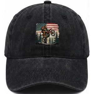Bigfoot Dirt Bike Washed Cotton Baseball Cap Patriotic Sasquatch American Flag TS14 Washed Cap Universal Fit Black Print Your Wear