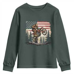 Bigfoot Dirt Bike Youth Sweatshirt Patriotic Sasquatch American Flag TS14 Dark Forest Green Print Your Wear